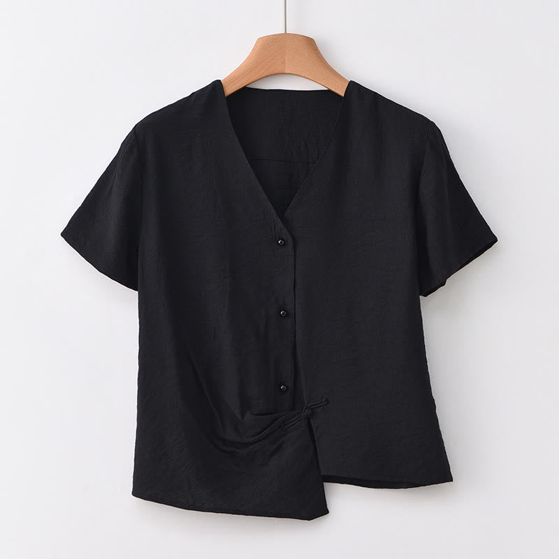 Nimara Ritual Button Irregular Design V-Neck Cotton Linen Women's Short Sleeve Shirt