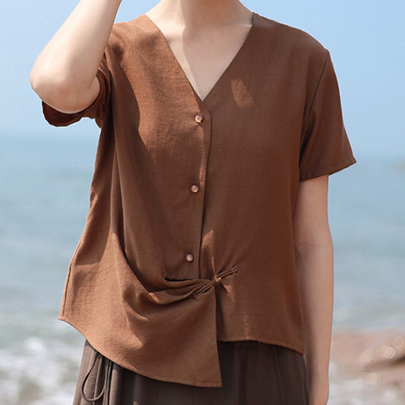 Nimara Ritual Button Irregular Design V-Neck Cotton Linen Women's Short Sleeve Shirt