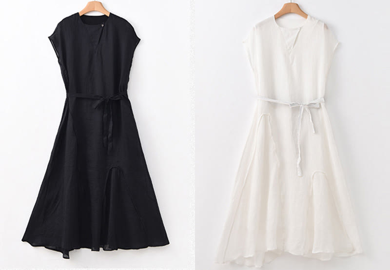 Nimara Ritual Plain Irregular Hem Short Sleeve Cotton Linen Maxi Dress