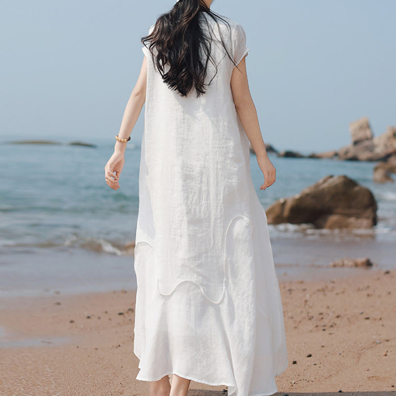 Nimara Ritual Plain Irregular Hem Short Sleeve Cotton Linen Maxi Dress