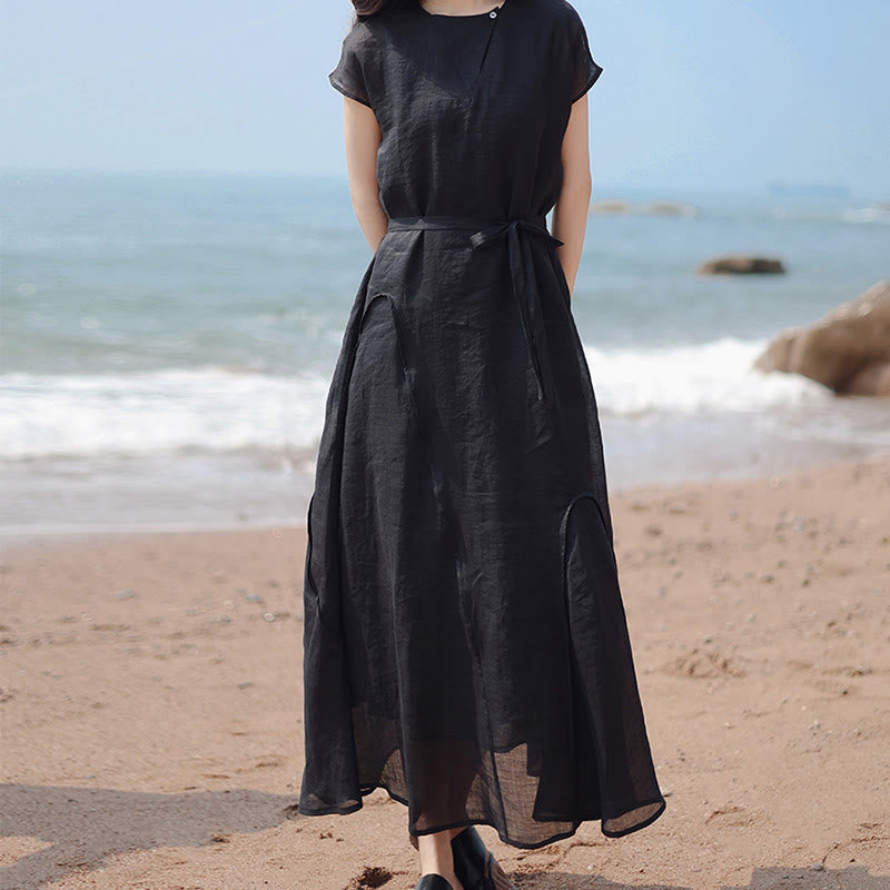 Nimara Ritual Plain Irregular Hem Short Sleeve Cotton Linen Maxi Dress