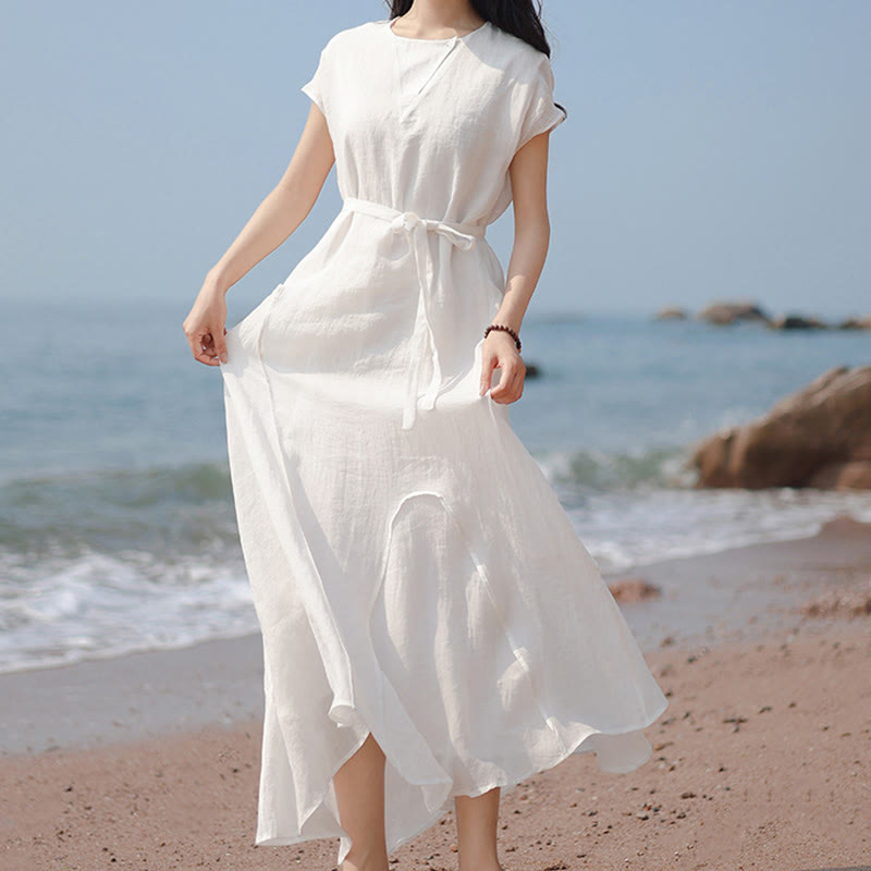 Nimara Ritual Plain Irregular Hem Short Sleeve Cotton Linen Maxi Dress