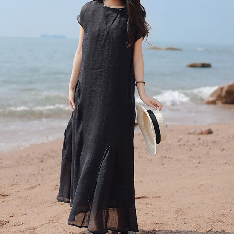 Nimara Ritual Plain Irregular Hem Short Sleeve Cotton Linen Maxi Dress