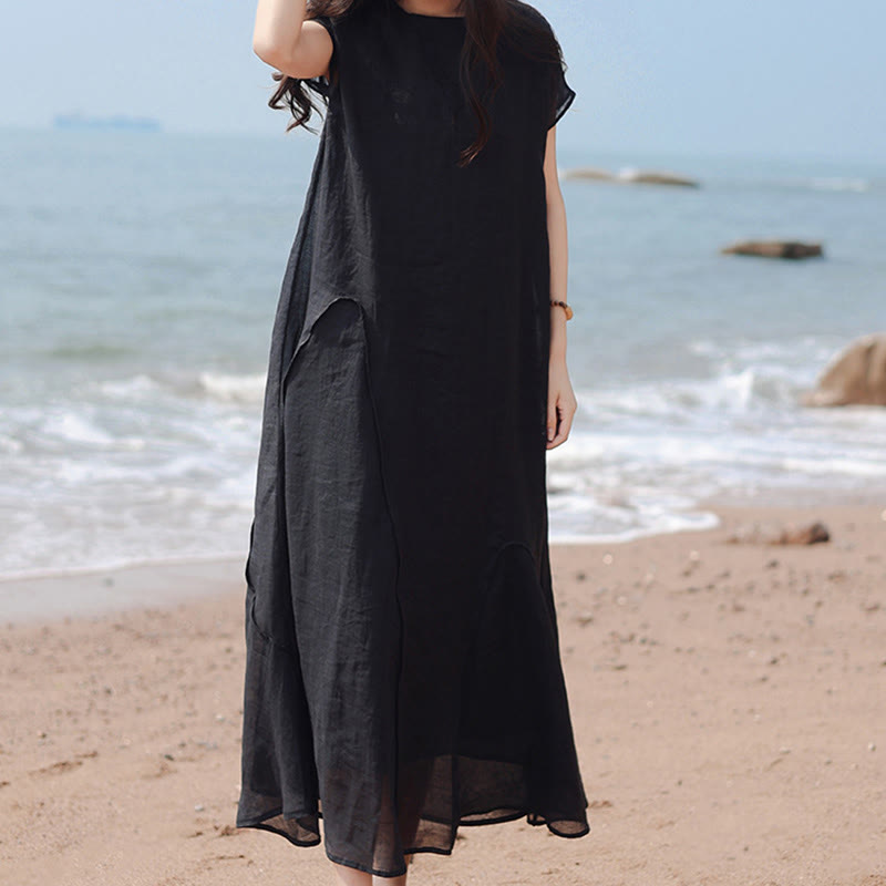 Nimara Ritual Plain Irregular Hem Short Sleeve Cotton Linen Maxi Dress