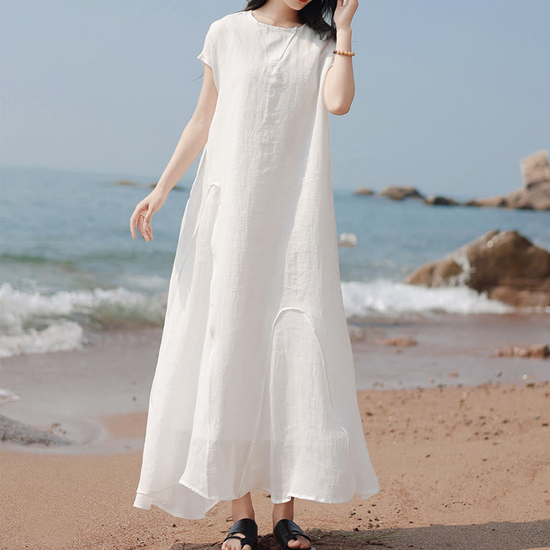 Nimara Ritual Plain Irregular Hem Short Sleeve Cotton Linen Maxi Dress