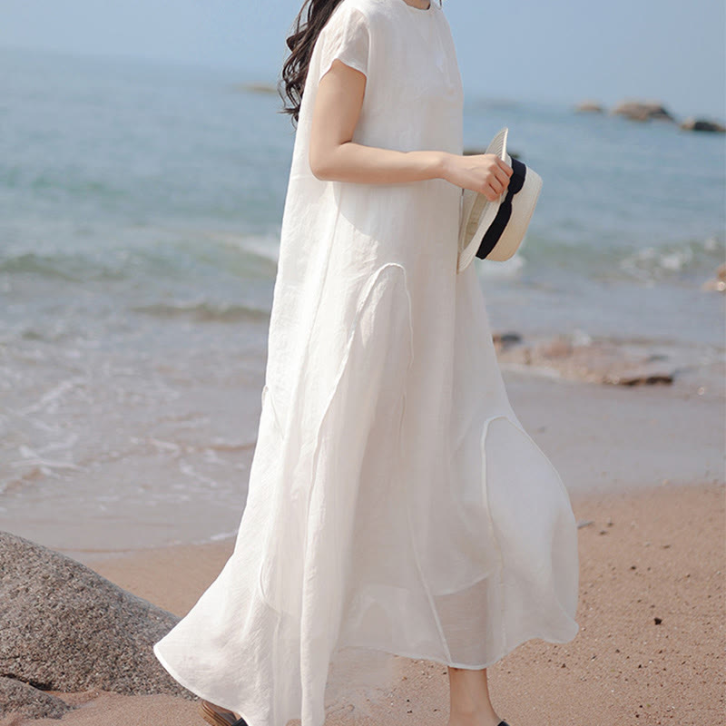 Nimara Ritual Plain Irregular Hem Short Sleeve Cotton Linen Maxi Dress