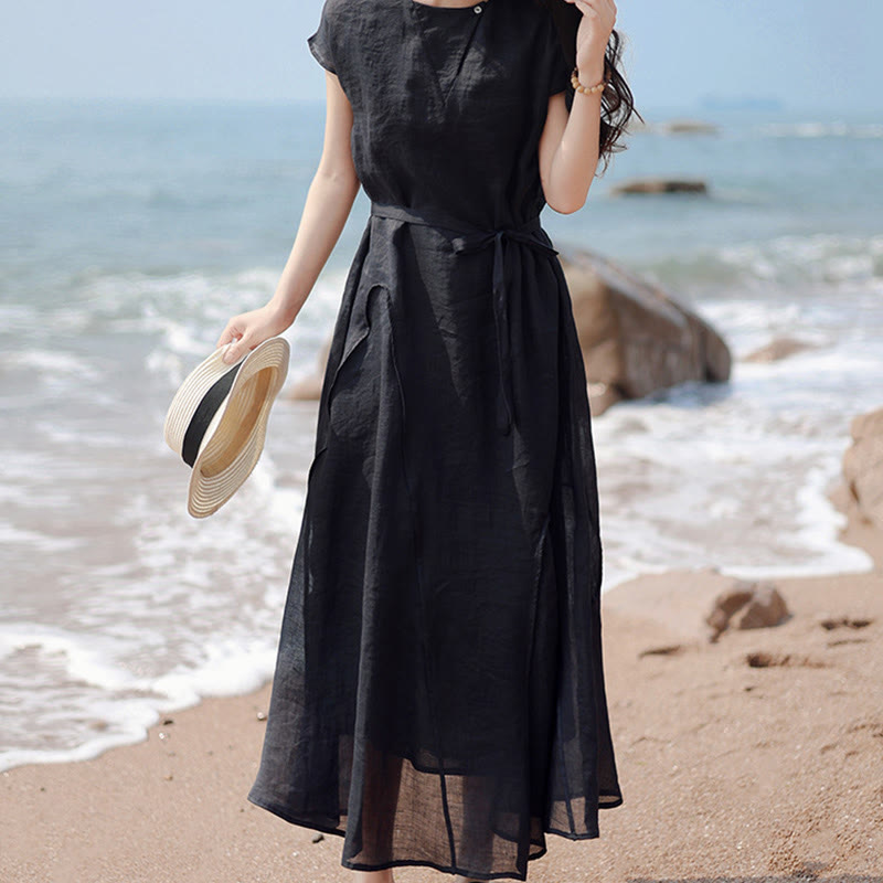 Nimara Ritual Plain Irregular Hem Short Sleeve Cotton Linen Maxi Dress