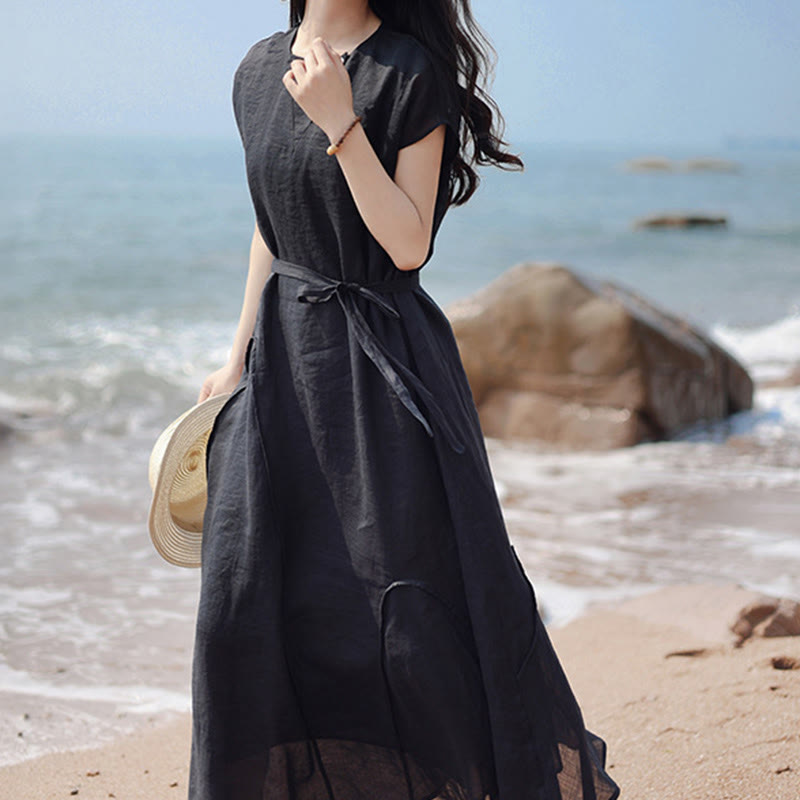 Nimara Ritual Plain Irregular Hem Short Sleeve Cotton Linen Maxi Dress