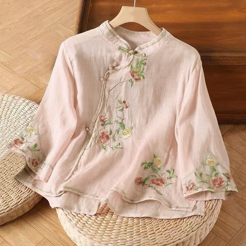 Nimara Ritual Casual Vintage Embroidery Flower Pattern Chinese Frog-Button Crew Neck Design Women's Cotton Linen Shirt