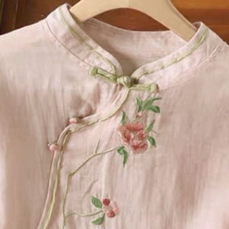 Nimara Ritual Casual Vintage Embroidery Flower Pattern Chinese Frog-Button Crew Neck Design Women's Cotton Linen Shirt