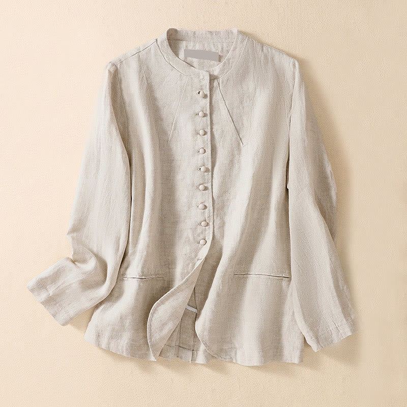Nimara Ritual Women's Cotton Linen Stand Collar Long Sleeve Shirt With Pockets
