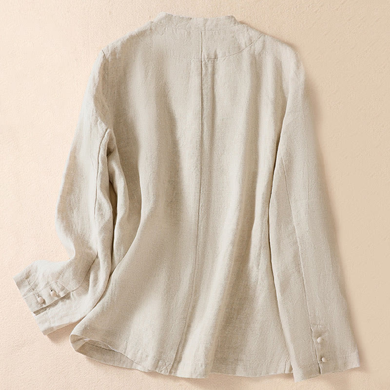 Nimara Ritual Women's Cotton Linen Stand Collar Long Sleeve Shirt With Pockets