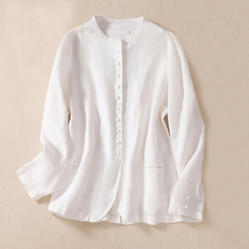 Nimara Ritual Women's Cotton Linen Stand Collar Long Sleeve Shirt With Pockets