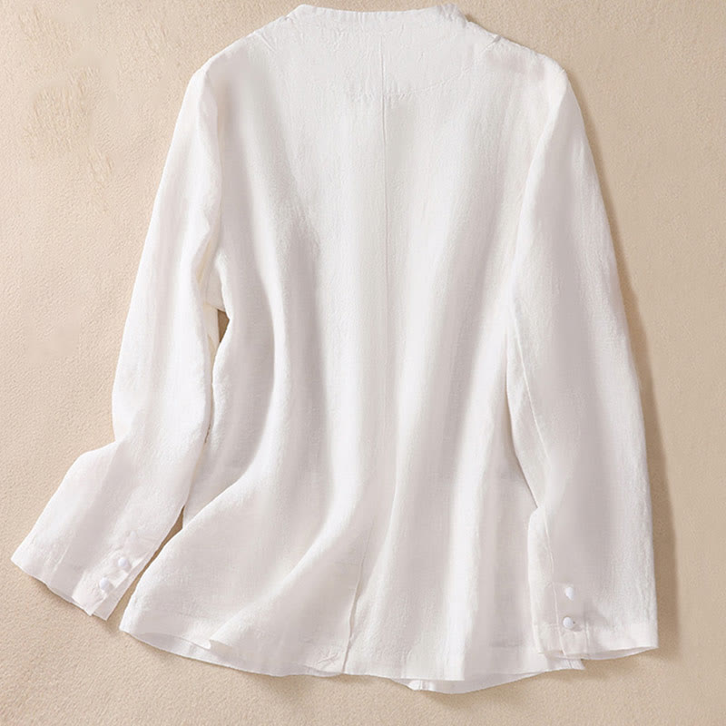 Nimara Ritual Women's Cotton Linen Stand Collar Long Sleeve Shirt With Pockets