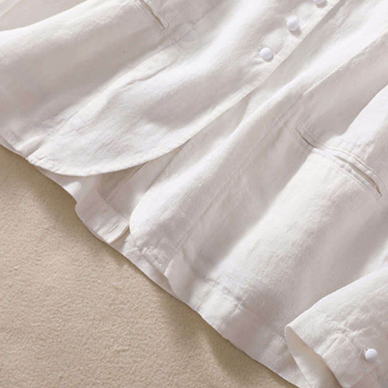 Nimara Ritual Women's Cotton Linen Stand Collar Long Sleeve Shirt With Pockets