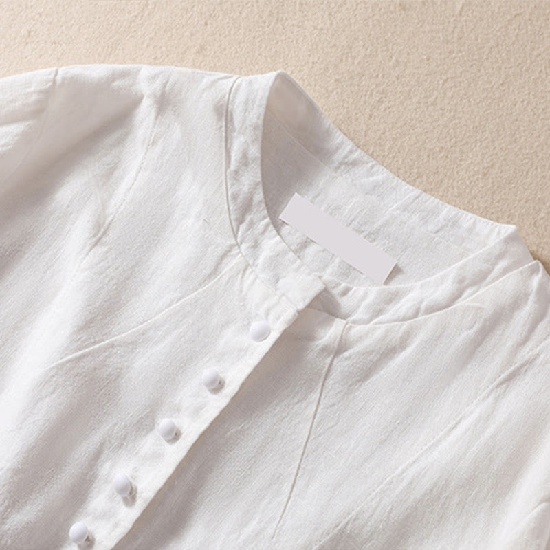 Nimara Ritual Women's Cotton Linen Stand Collar Long Sleeve Shirt With Pockets
