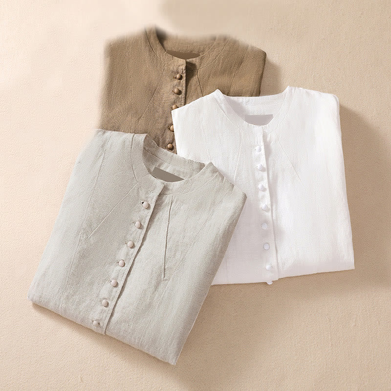 Nimara Ritual Women's Cotton Linen Stand Collar Long Sleeve Shirt With Pockets