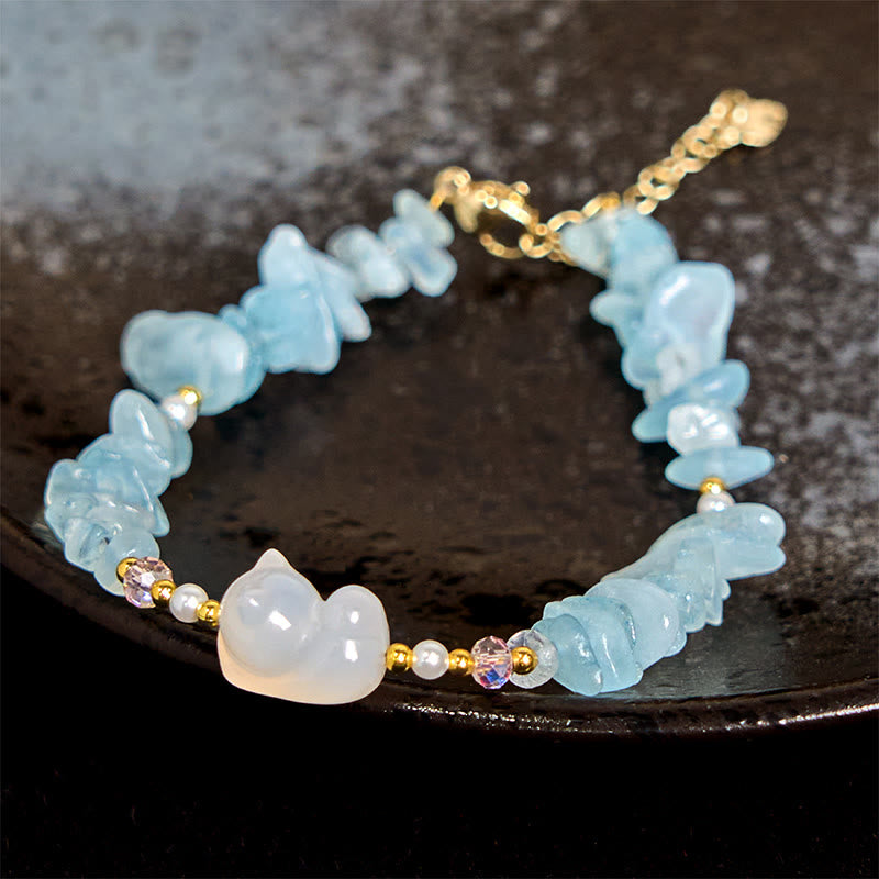 Nimara Ritual Natural Irregular Aquamarine Cute Cat Healing Bracelet