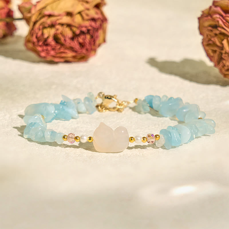 Nimara Ritual Natural Irregular Aquamarine Cute Cat Healing Bracelet