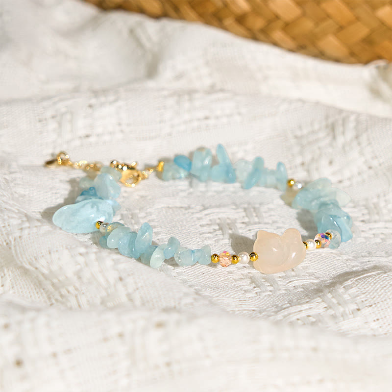 Nimara Ritual Natural Irregular Aquamarine Cute Cat Healing Bracelet