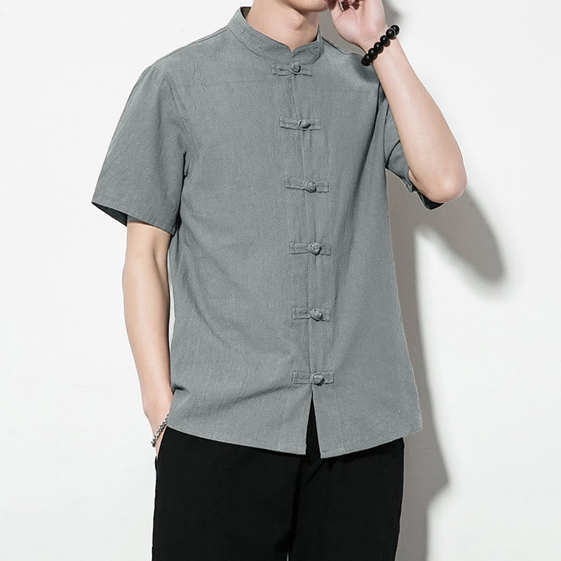 Nimara Ritual Casual Solid Color Front Frog Buttons Chinese Tang Suit Short Sleeve Linen Men's Shirt