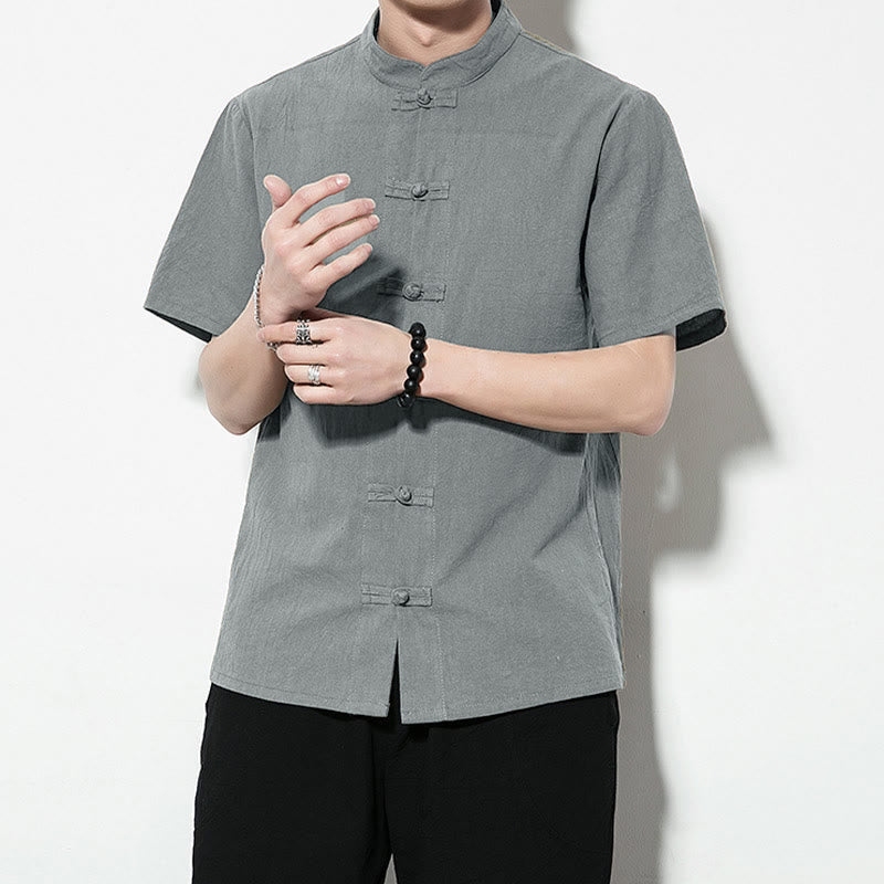 Nimara Ritual Casual Solid Color Front Frog Buttons Chinese Tang Suit Short Sleeve Linen Men's Shirt