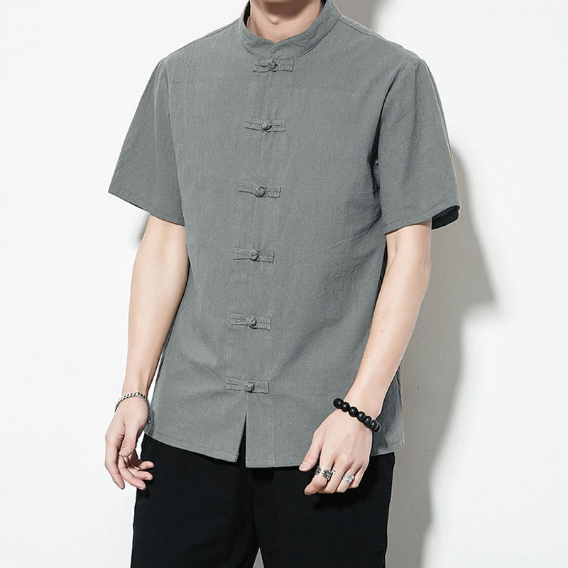 Nimara Ritual Casual Solid Color Front Frog Buttons Chinese Tang Suit Short Sleeve Linen Men's Shirt