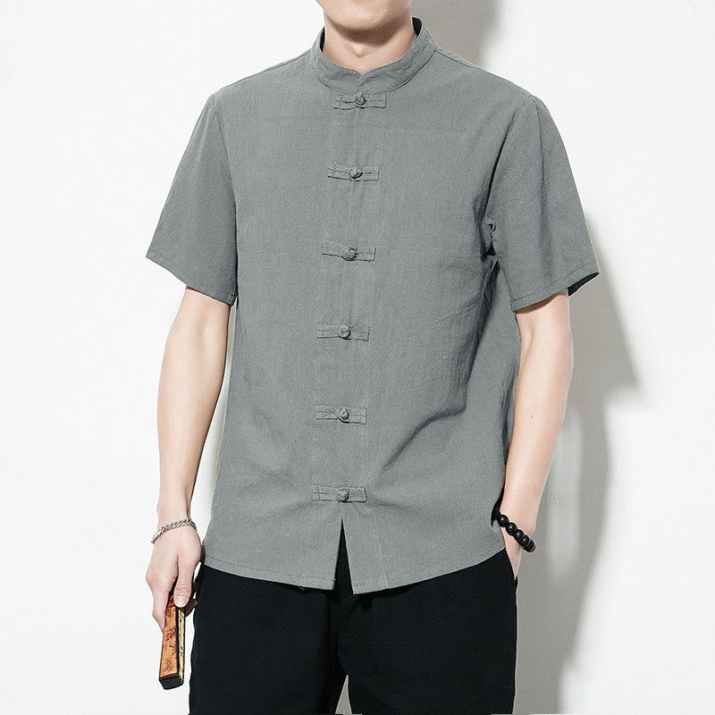 Nimara Ritual Casual Solid Color Front Frog Buttons Chinese Tang Suit Short Sleeve Linen Men's Shirt
