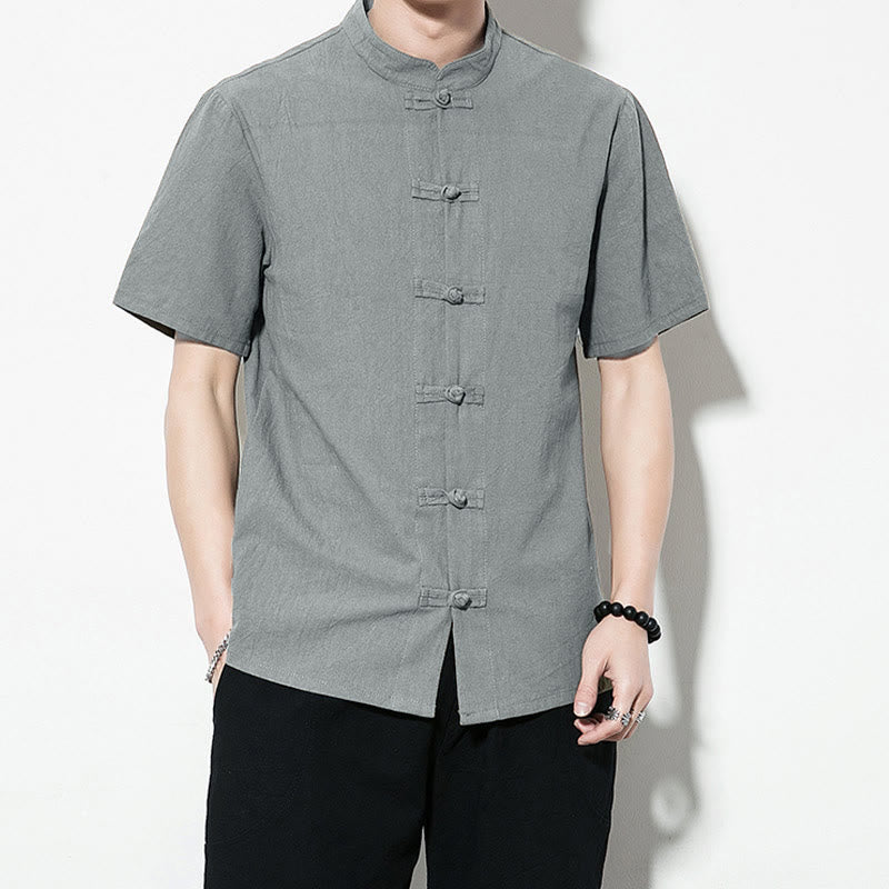 Nimara Ritual Casual Solid Color Front Frog Buttons Chinese Tang Suit Short Sleeve Linen Men's Shirt