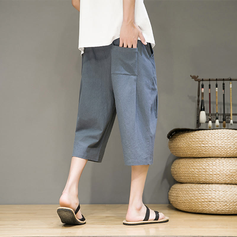 Nimara Ritual Casual Summer Drawstring Solid Color Cropped Cotton Linen Men's Harem Pants With Pockets