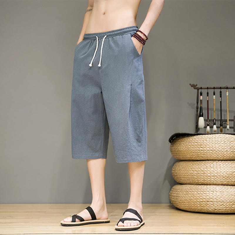 Nimara Ritual Casual Summer Drawstring Solid Color Cropped Cotton Linen Men's Harem Pants With Pockets