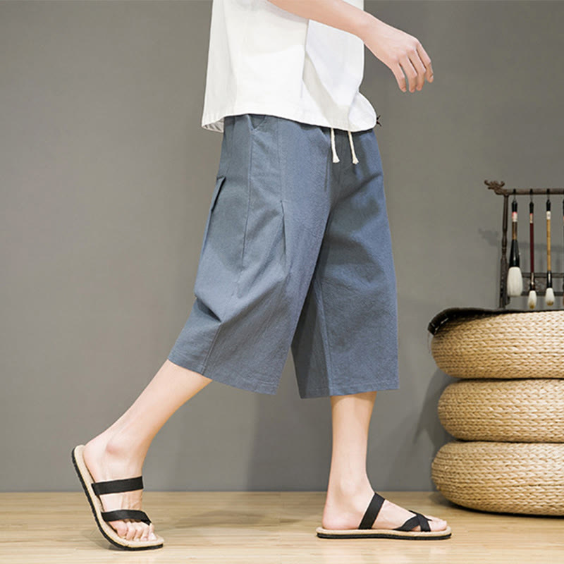Nimara Ritual Casual Summer Drawstring Solid Color Cropped Cotton Linen Men's Harem Pants With Pockets