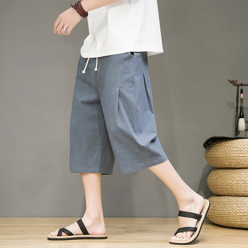 Nimara Ritual Casual Summer Drawstring Solid Color Cropped Cotton Linen Men's Harem Pants With Pockets