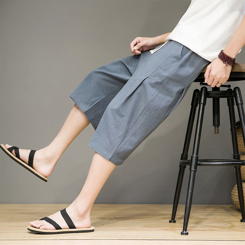 Nimara Ritual Casual Summer Drawstring Solid Color Cropped Cotton Linen Men's Harem Pants With Pockets