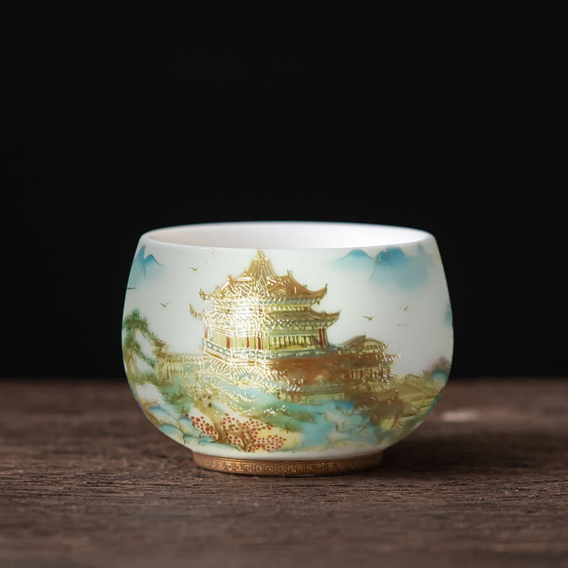 Nimara Ritual Phoenix Dragon Lotus Deer Ancient Building Koi Fish Ceramic Teacup Kung Fu Tea Cups