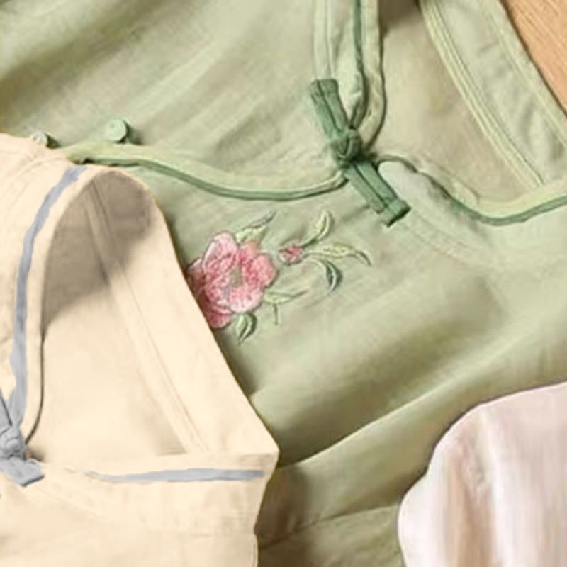 Nimara Ritual Casual Vintage Embroidery Flower Pattern Chinese Frog-Button Crew Neck Design Women's Cotton Linen Shirt