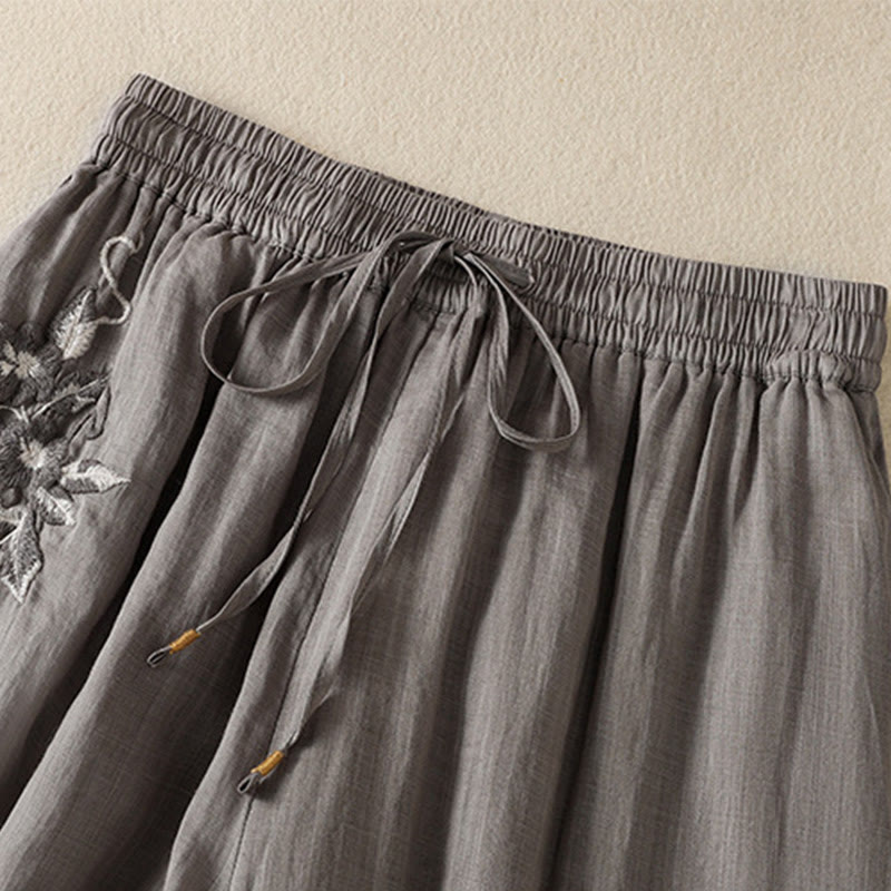 Nimara Ritual Commute Embroidery Drawstring Women's Cotton Wide Leg Pants With Pockets