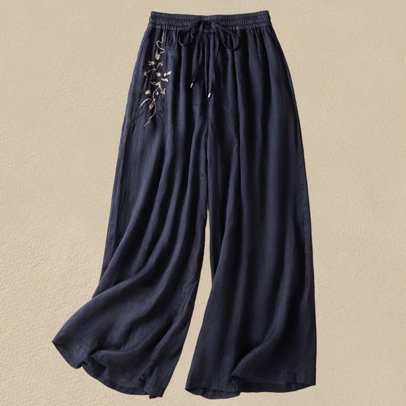 Nimara Ritual Commute Embroidery Drawstring Women's Cotton Wide Leg Pants With Pockets
