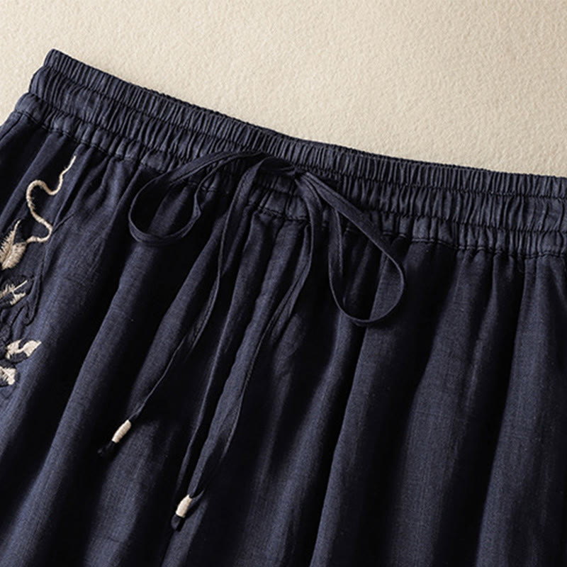 Nimara Ritual Commute Embroidery Drawstring Women's Cotton Wide Leg Pants With Pockets