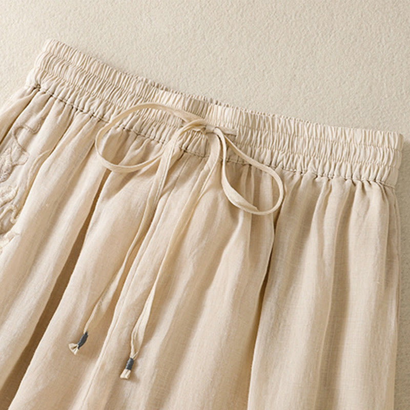 Nimara Ritual Commute Embroidery Drawstring Women's Cotton Wide Leg Pants With Pockets