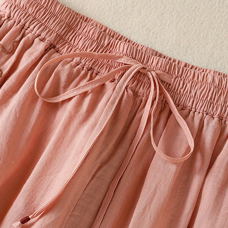 Nimara Ritual Commute Embroidery Drawstring Women's Cotton Wide Leg Pants With Pockets