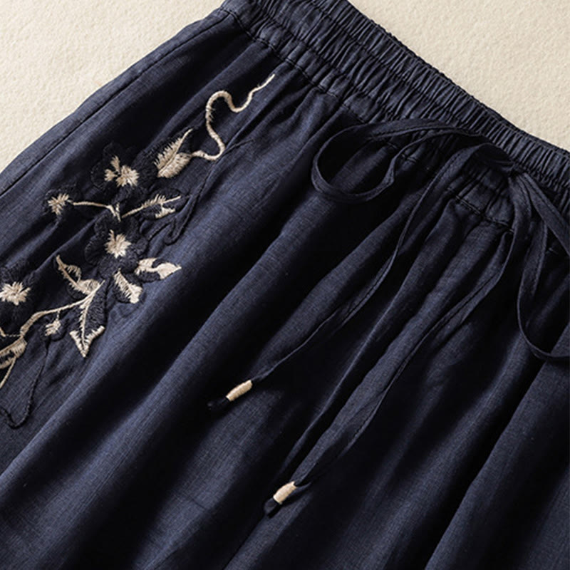 Nimara Ritual Commute Embroidery Drawstring Women's Cotton Wide Leg Pants With Pockets