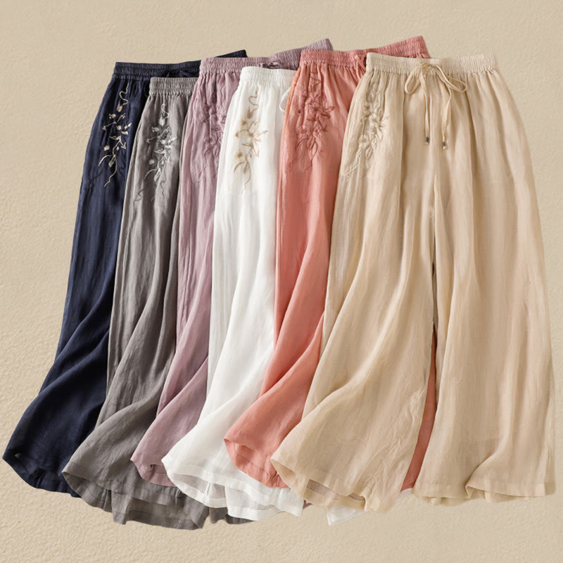 Nimara Ritual Commute Embroidery Drawstring Women's Cotton Wide Leg Pants With Pockets