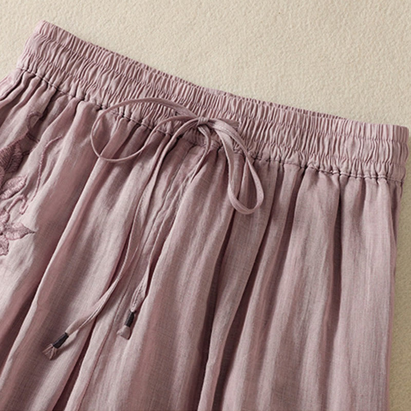 Nimara Ritual Commute Embroidery Drawstring Women's Cotton Wide Leg Pants With Pockets