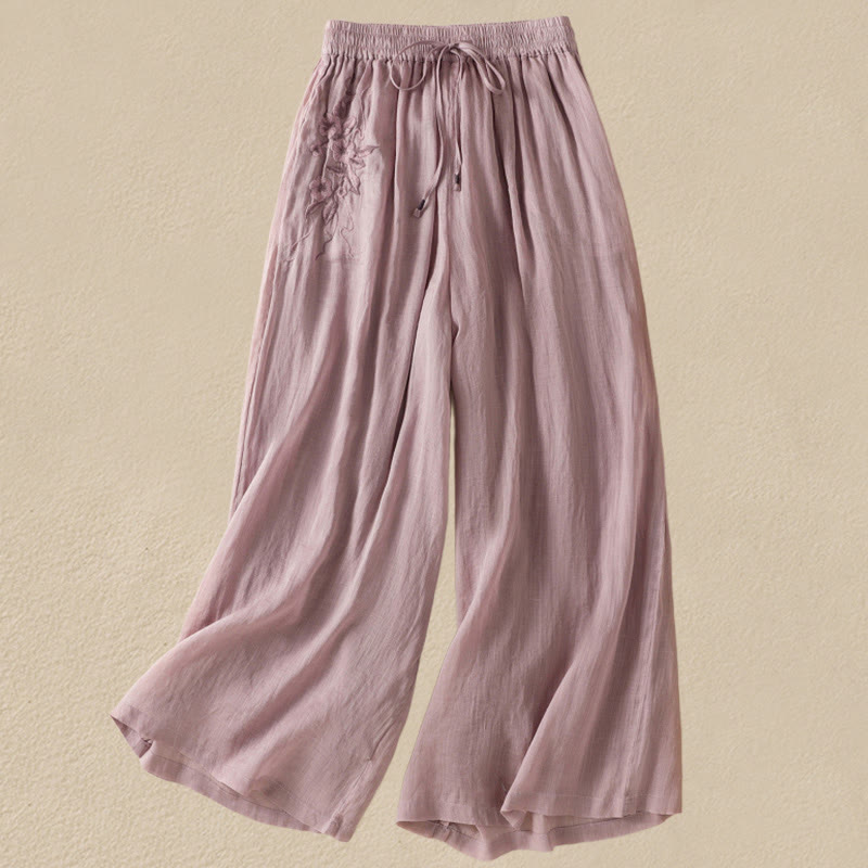Nimara Ritual Commute Embroidery Drawstring Women's Cotton Wide Leg Pants With Pockets