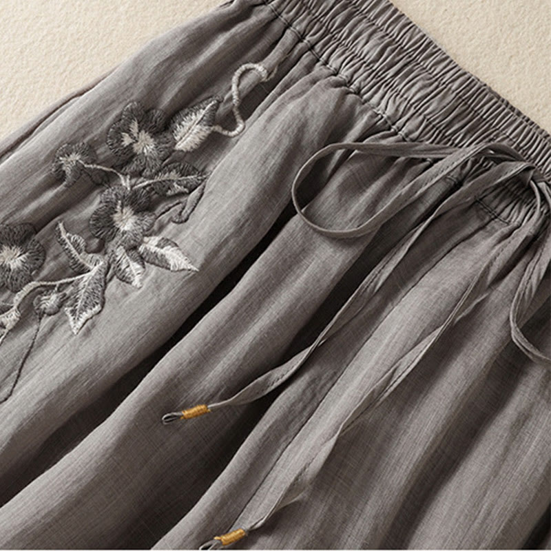 Nimara Ritual Commute Embroidery Drawstring Women's Cotton Wide Leg Pants With Pockets