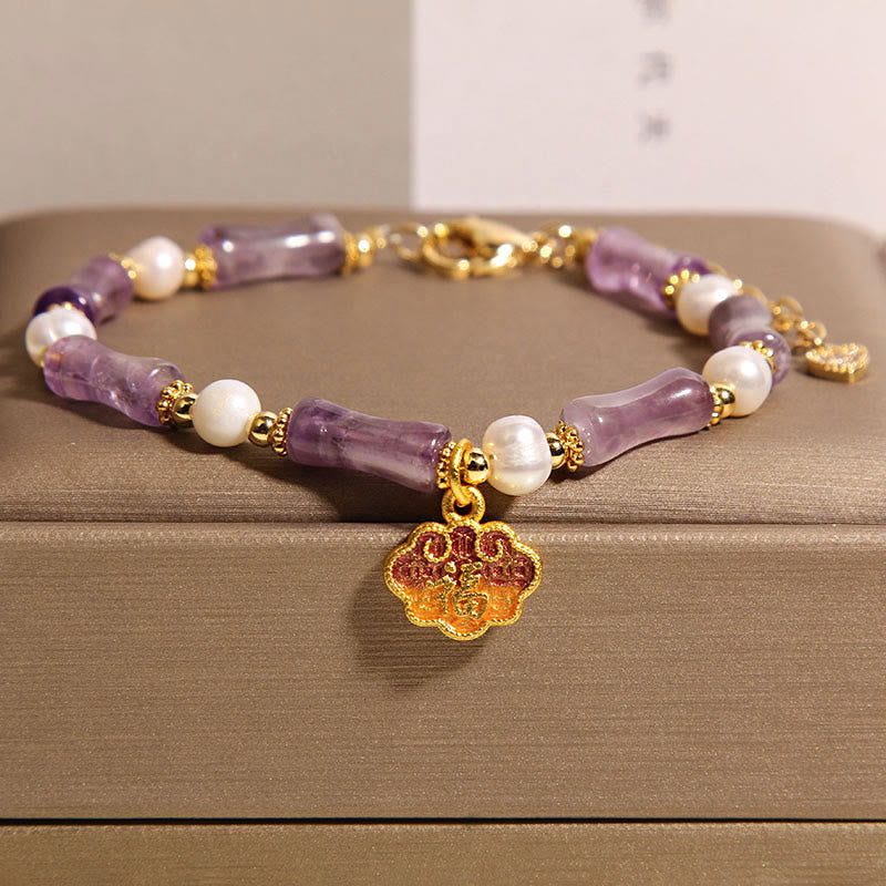 Nimara Ritual Natural Peace Lock Bamboo Shape Fu Character Amethyst Pearl Balance Bracelet