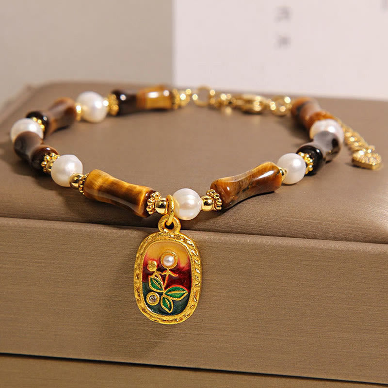 Nimara Ritual Natural Bamboo Tiger Eye Pearl Strength Bracelet