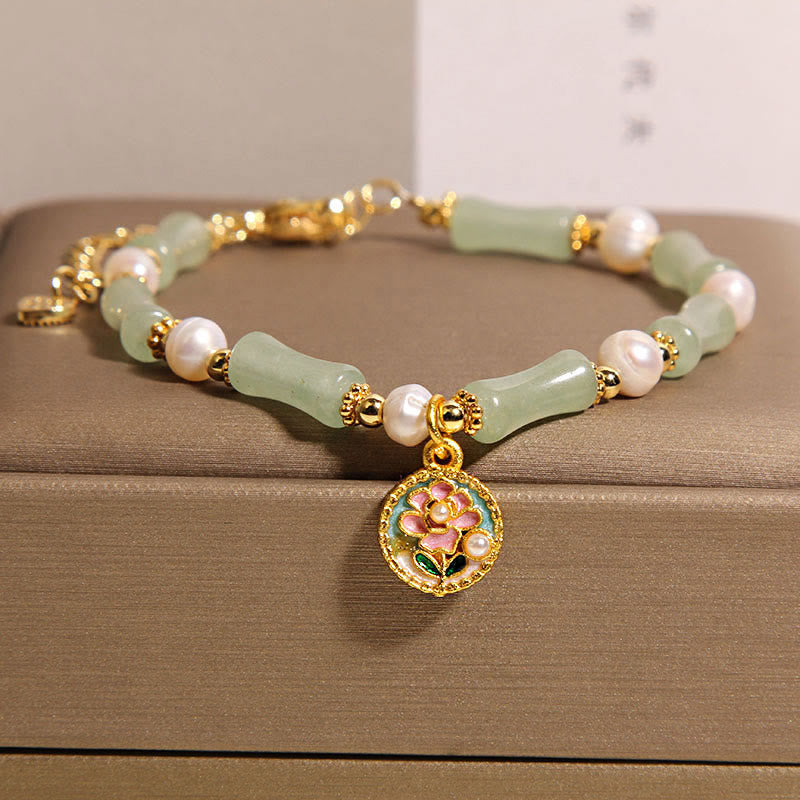 Nimara Ritual Natural Bamboo Flower Green Aventurine Pearl Balance Bracelet