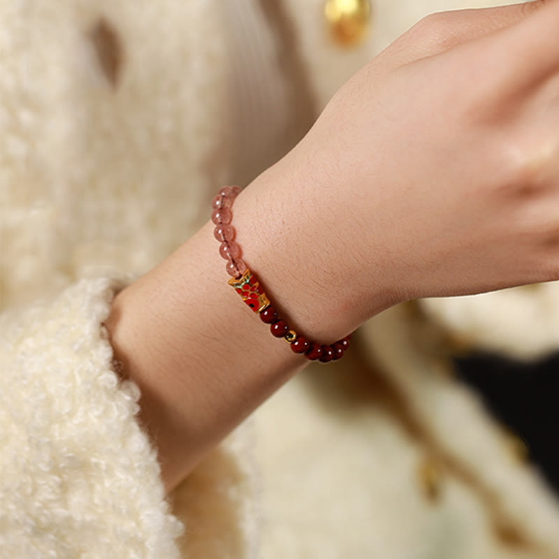 Nimara Ritual Natural Cinnabar Pink Crystal Strawberry Quartz Lucky Koi Fish Blessing Bracelet